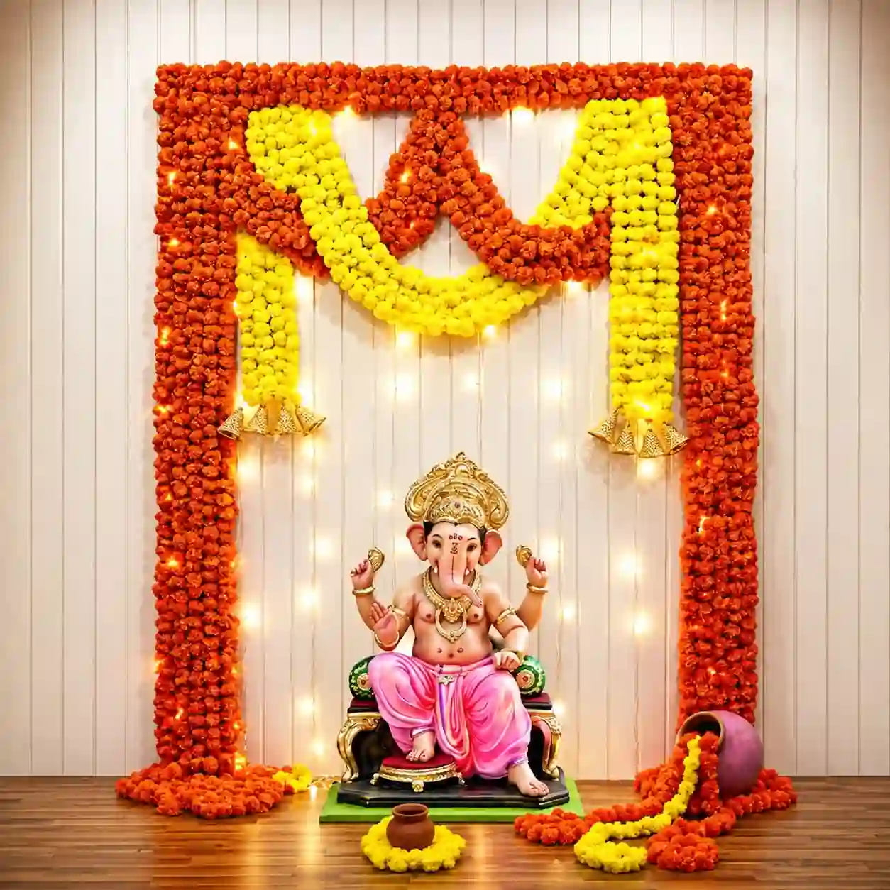 Ganesh Decor With Marigold Flower on Wall
